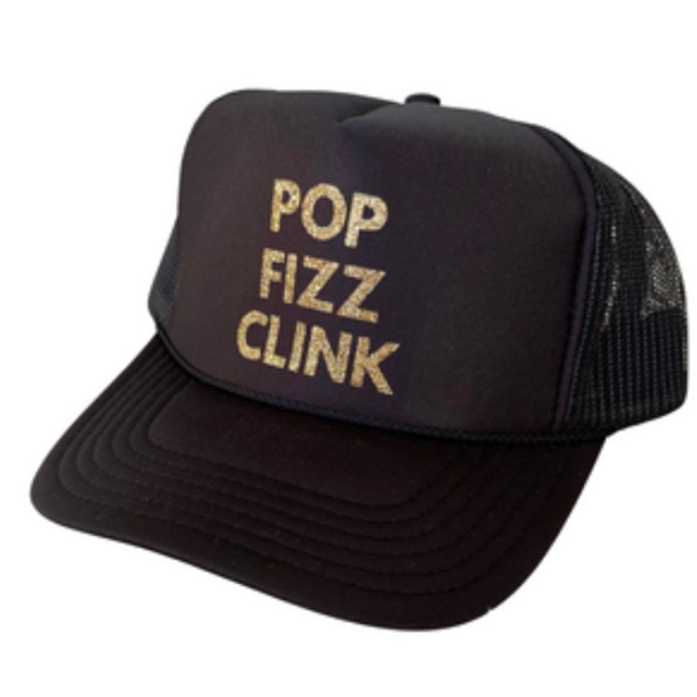 BRAND NEW Black Trucker Hat "Pop Fizz Clink" New Year Snap Back Gold Glitter